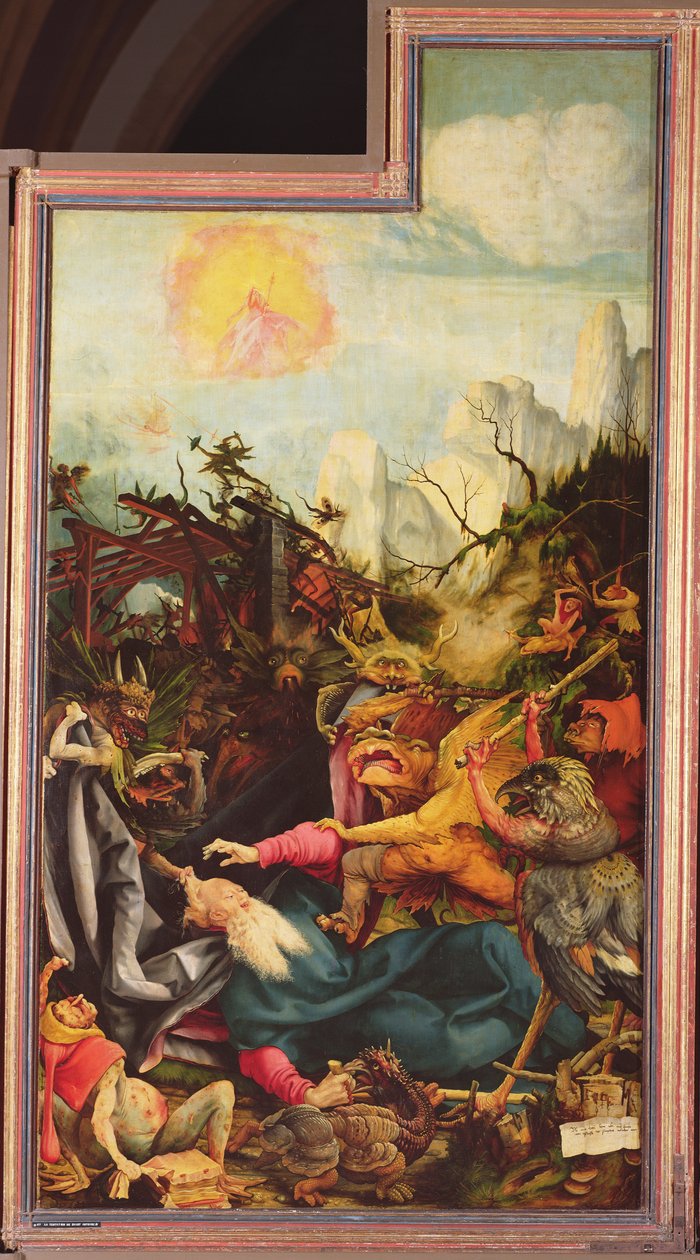 Le retable d’Issenheim peint par Matthias Grünewald en 1510 illustre un thème récurrent au Moyen Âge, la Tentation de saint Antoine
