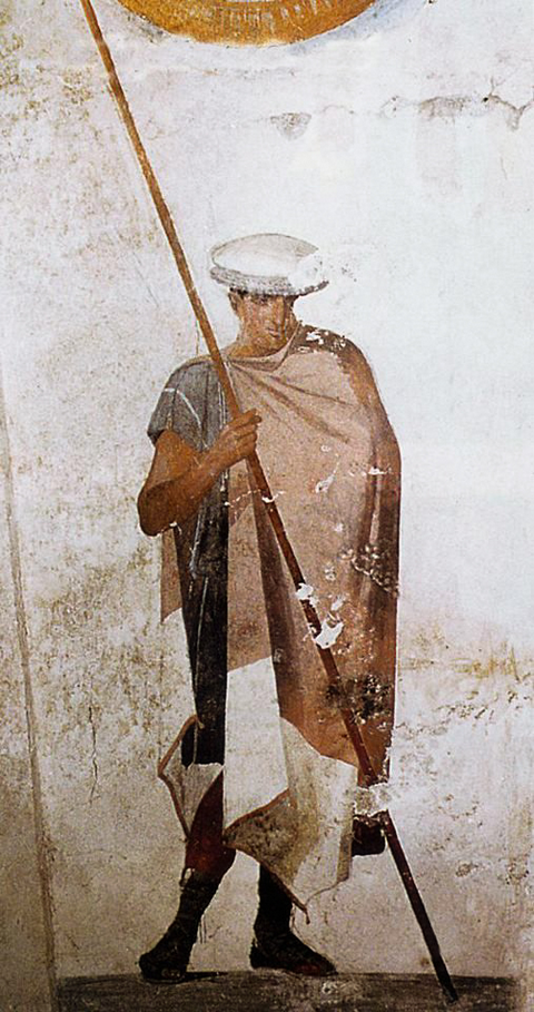 Le jeune porteur de sarisse. Gardien de la tombe macédonienne III d'Ágios Athanásios, Thessalonique. Peinture hellénistique, fin IVe – début IIIe siècle avant Jésus Christ. Mur peint. Technique de la peinture sur panneau de bois.