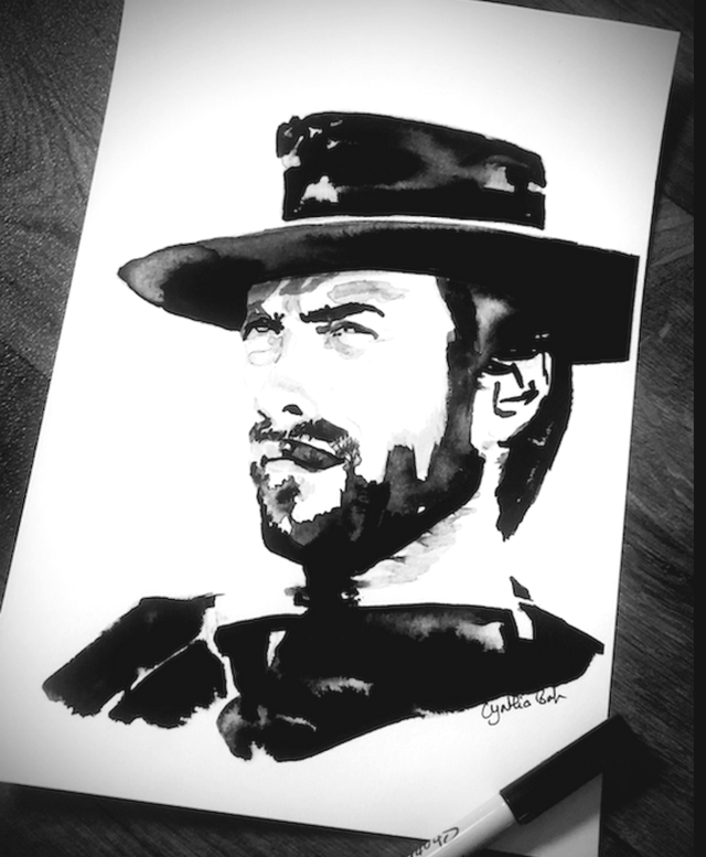 Clint portrait à l’encre | Portraitiste - Cynthia.b