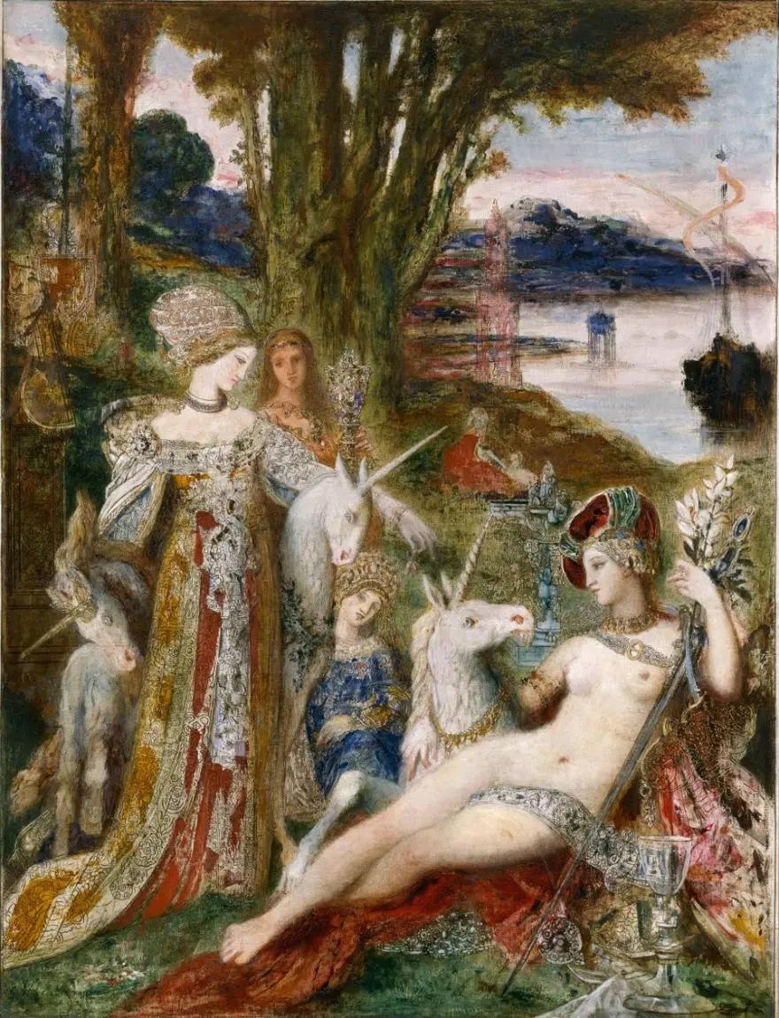 Les Licornes, peinture 'médiéval fantastique' | toile peinte vers 1880 par Gustave Moreau, de 1,15 m de haut sur 0,90 m de large, s'inspire librement de l'ensemble de tapisseries connu sous le nom de La Dame à la licorne, elles-mêmes conservées au musée de Cluny. Les Licornes, peinture 'médiéval fantastique'| toile peinte vers 1880 par Gustave Moreau, de 1,15 m de haut sur 0,90 m de large, s'inspire librement de l'ensemble de tapisseries connu sous le nom de La Dame à la licorne, elles-mêmes conservées au musée de Cluny.